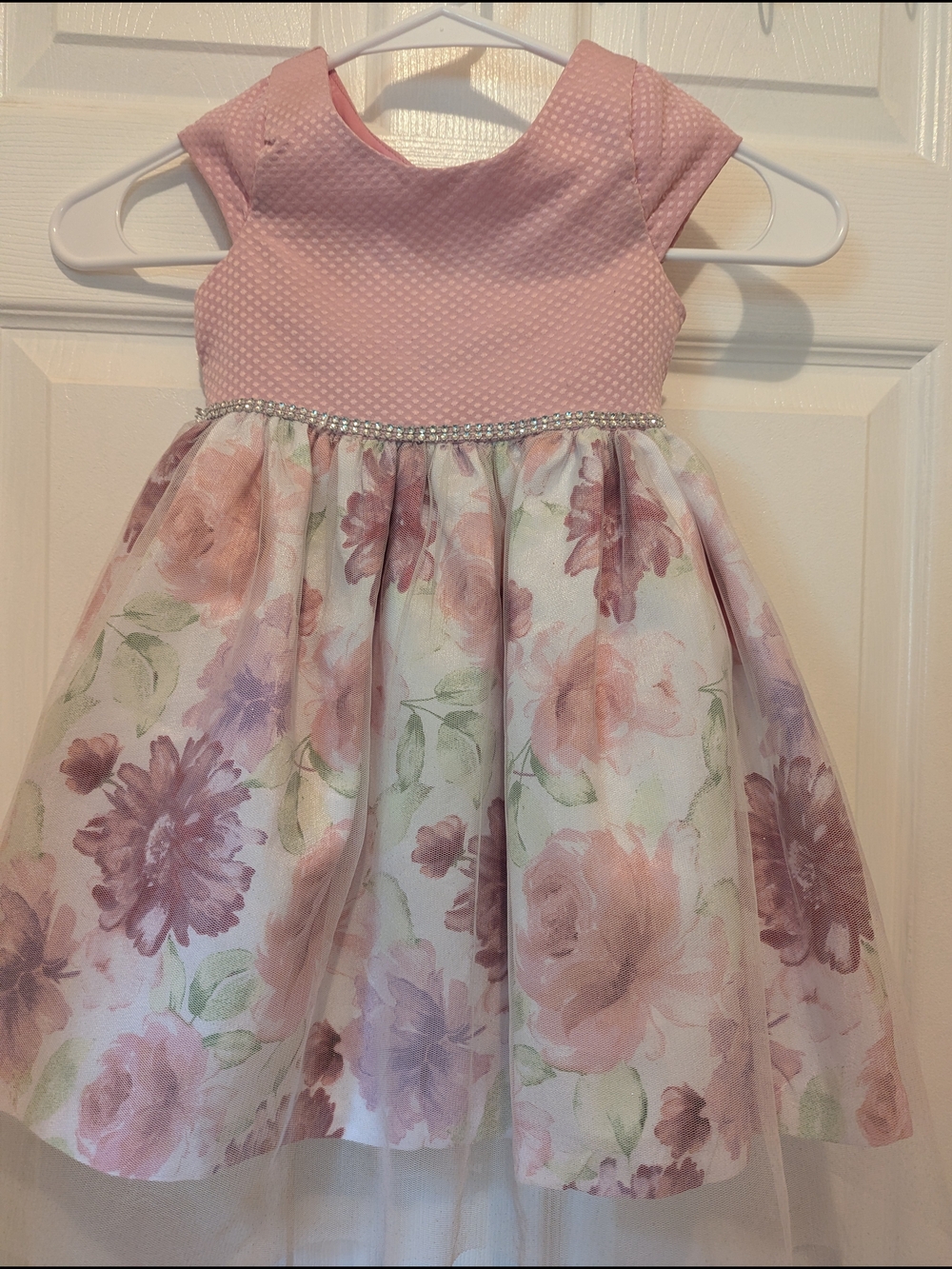 Girls Pink Floral Satin-Trim Party Dress